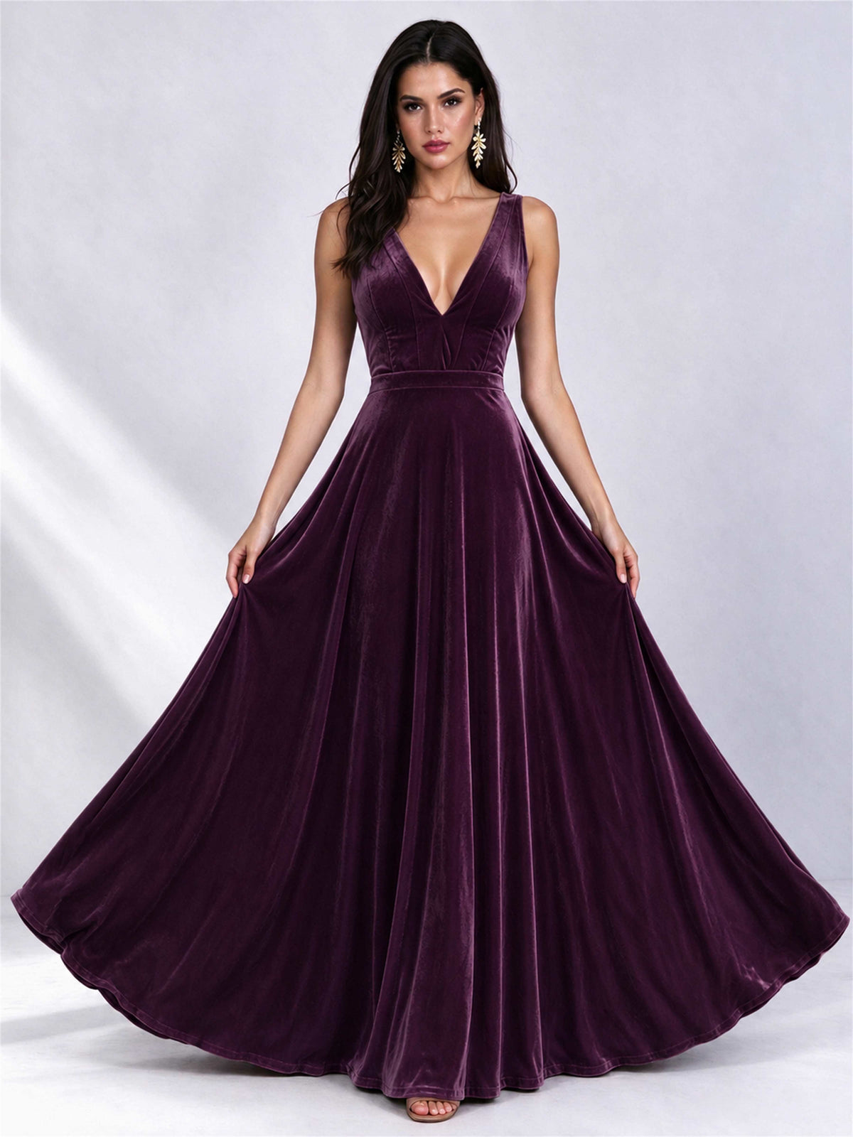 Elegant Deep V-Neck A-Line Velvet Floor-Length Wedding Guest Dress