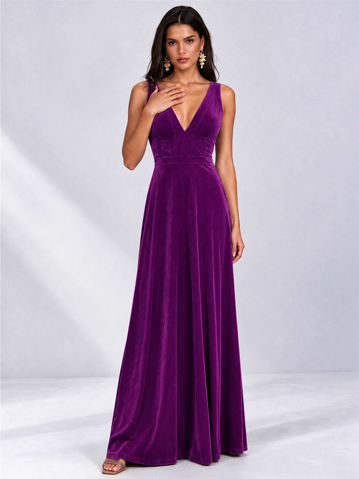 Elegant Deep V-Neck A-Line Velvet Floor-Length Wedding Guest Dress