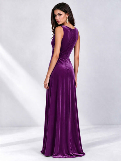 Elegant Deep V-Neck A-Line Velvet Floor-Length Wedding Guest Dress