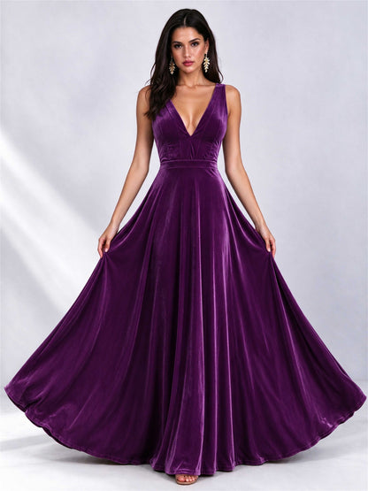 Elegant Deep V-Neck A-Line Velvet Floor-Length Wedding Guest Dress