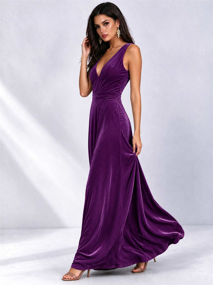 Elegant Deep V-Neck A-Line Velvet Floor-Length Wedding Guest Dress