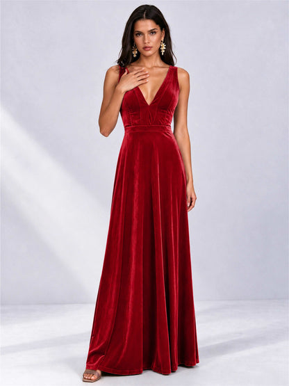 Elegant Deep V-Neck A-Line Velvet Floor-Length Wedding Guest Dress