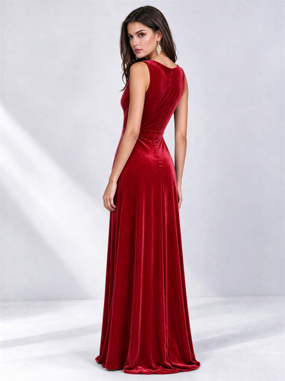 Elegant Deep V-Neck A-Line Velvet Floor-Length Wedding Guest Dress