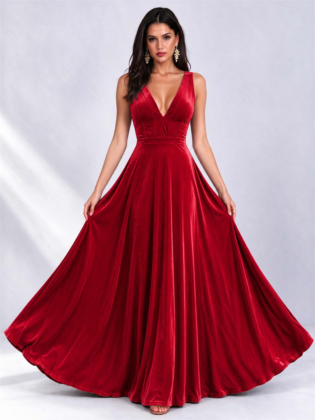 Elegant Deep V-Neck A-Line Velvet Floor-Length Wedding Guest Dress