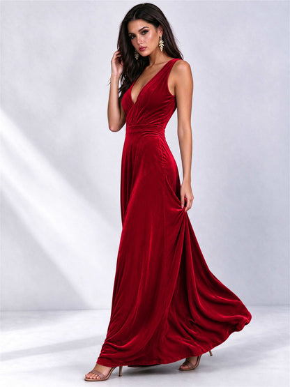 Elegant Deep V-Neck A-Line Velvet Floor-Length Wedding Guest Dress
