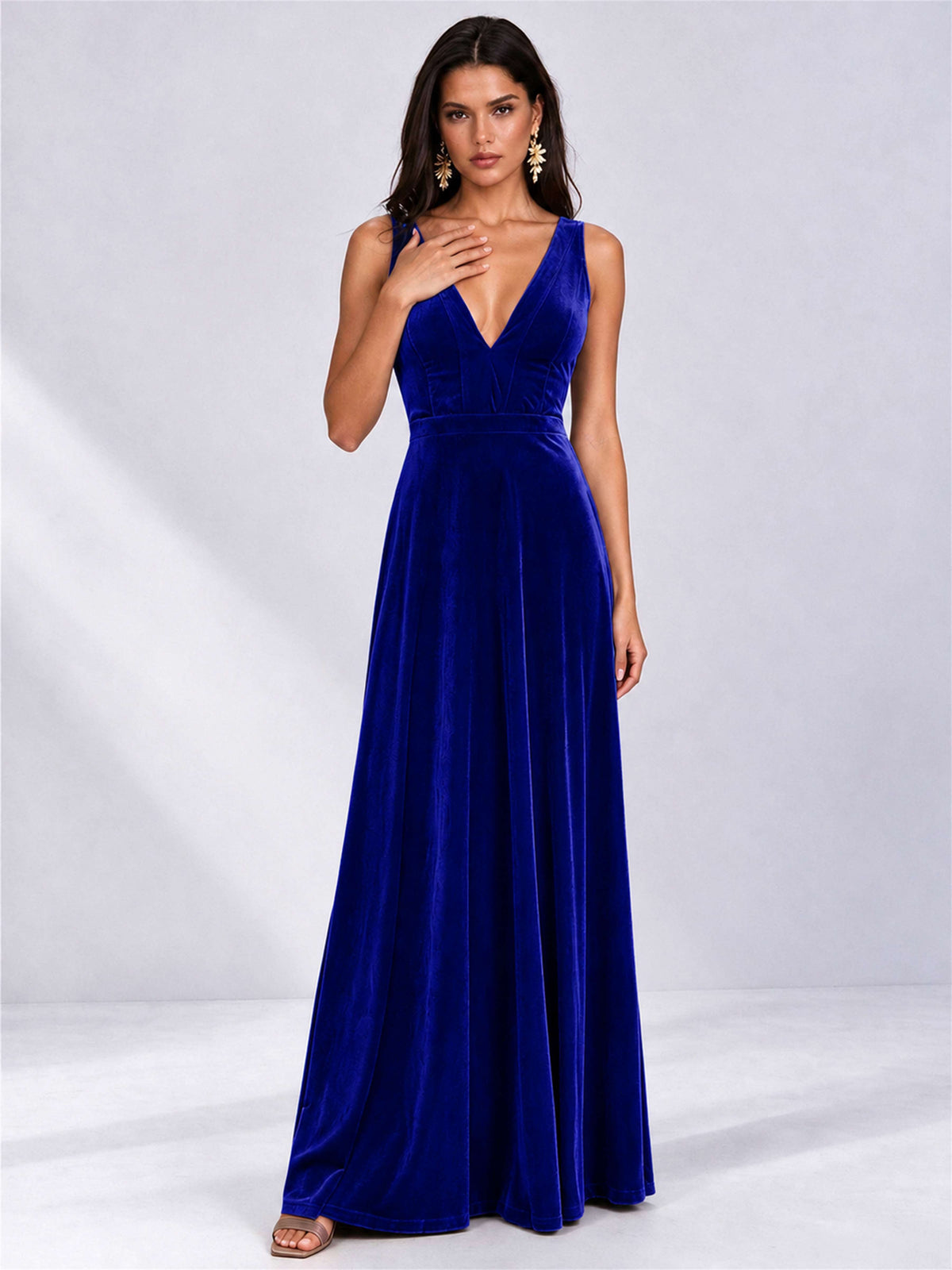 Elegant Deep V-Neck A-Line Velvet Floor-Length Wedding Guest Dress