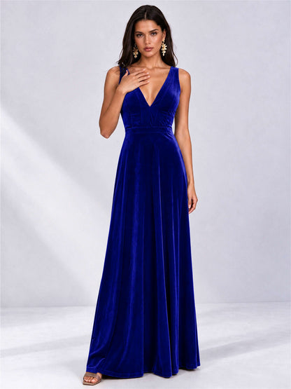 Elegant Deep V-Neck A-Line Velvet Floor-Length Wedding Guest Dress
