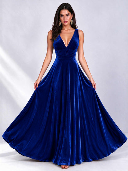 Elegant Deep V-Neck A-Line Velvet Floor-Length Wedding Guest Dress