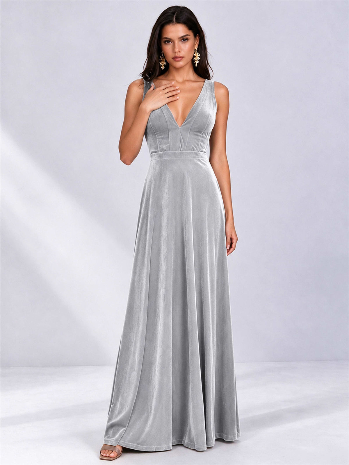 Elegant Deep V-Neck A-Line Velvet Floor-Length Wedding Guest Dress