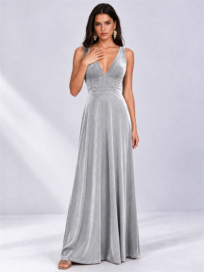 Elegant Deep V-Neck A-Line Velvet Floor-Length Wedding Guest Dress