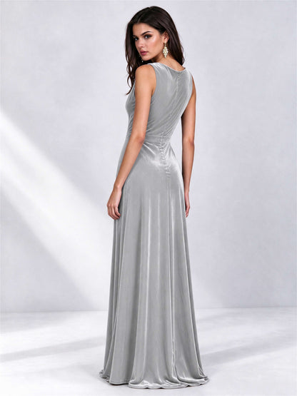 Elegant Deep V-Neck A-Line Velvet Floor-Length Wedding Guest Dress