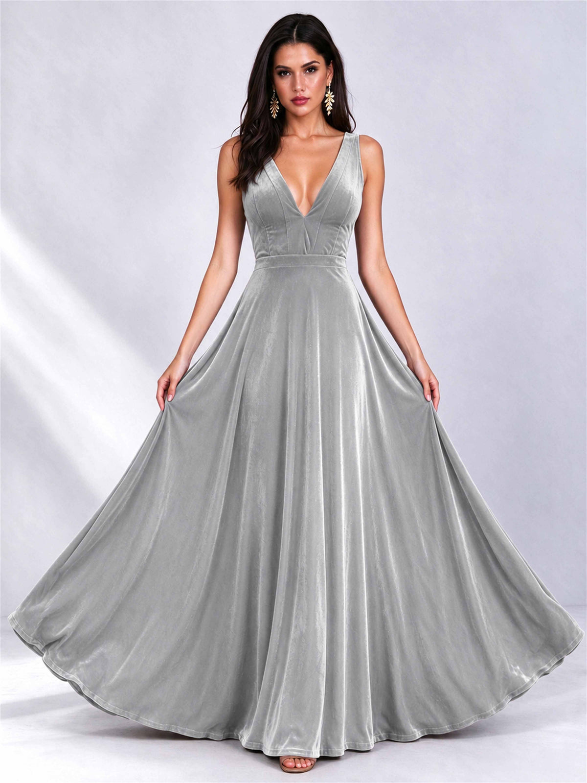 Elegant Deep V-Neck A-Line Velvet Floor-Length Wedding Guest Dress