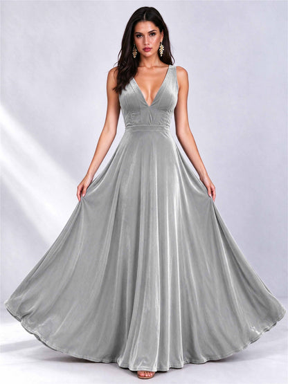 Elegant Deep V-Neck A-Line Velvet Floor-Length Wedding Guest Dress