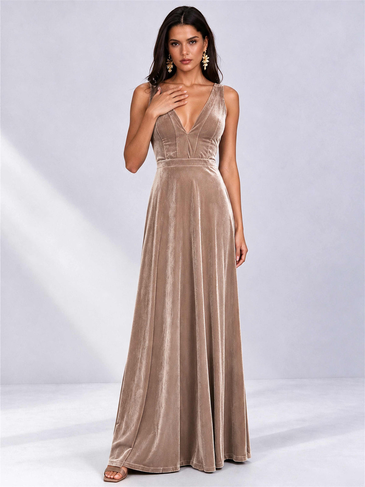 Elegant Deep V-Neck A-Line Velvet Floor-Length Wedding Guest Dress