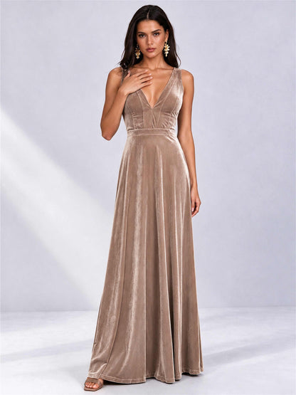 Elegant Deep V-Neck A-Line Velvet Floor-Length Wedding Guest Dress