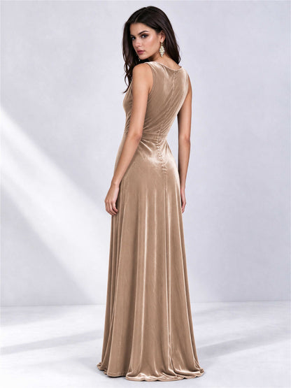 Elegant Deep V-Neck A-Line Velvet Floor-Length Wedding Guest Dress
