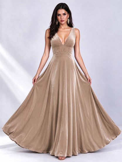 Elegant Deep V-Neck A-Line Velvet Floor-Length Wedding Guest Dress