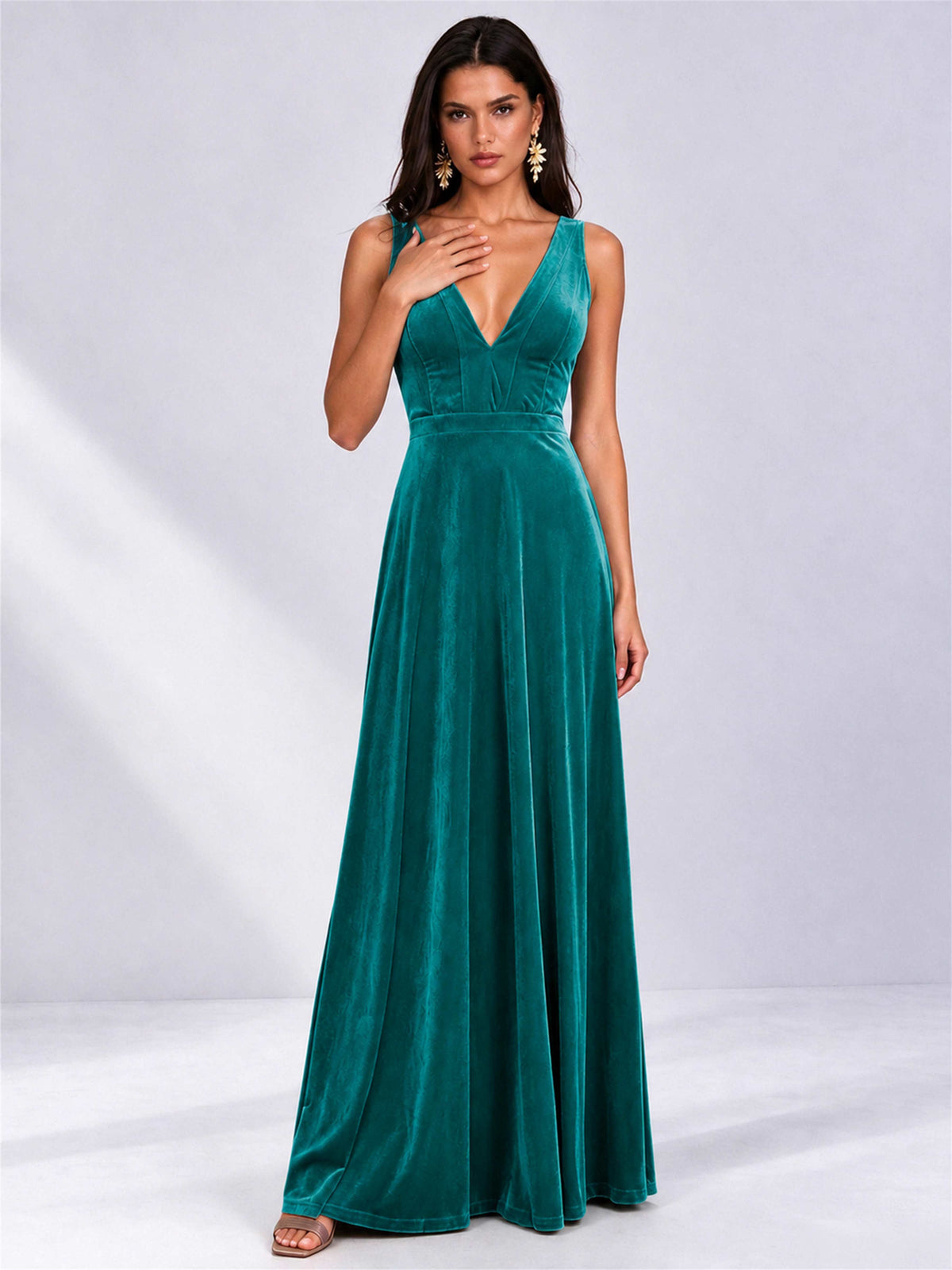 Elegant Deep V-Neck A-Line Velvet Floor-Length Wedding Guest Dress