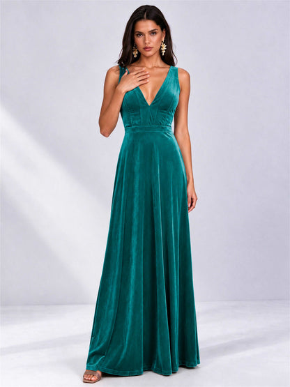Elegant Deep V-Neck A-Line Velvet Floor-Length Wedding Guest Dress
