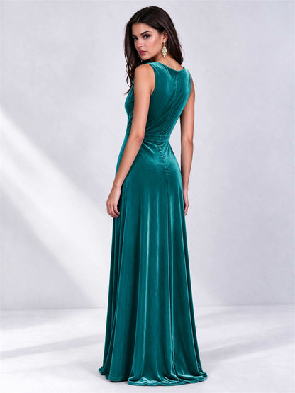 Elegant Deep V-Neck A-Line Velvet Floor-Length Wedding Guest Dress