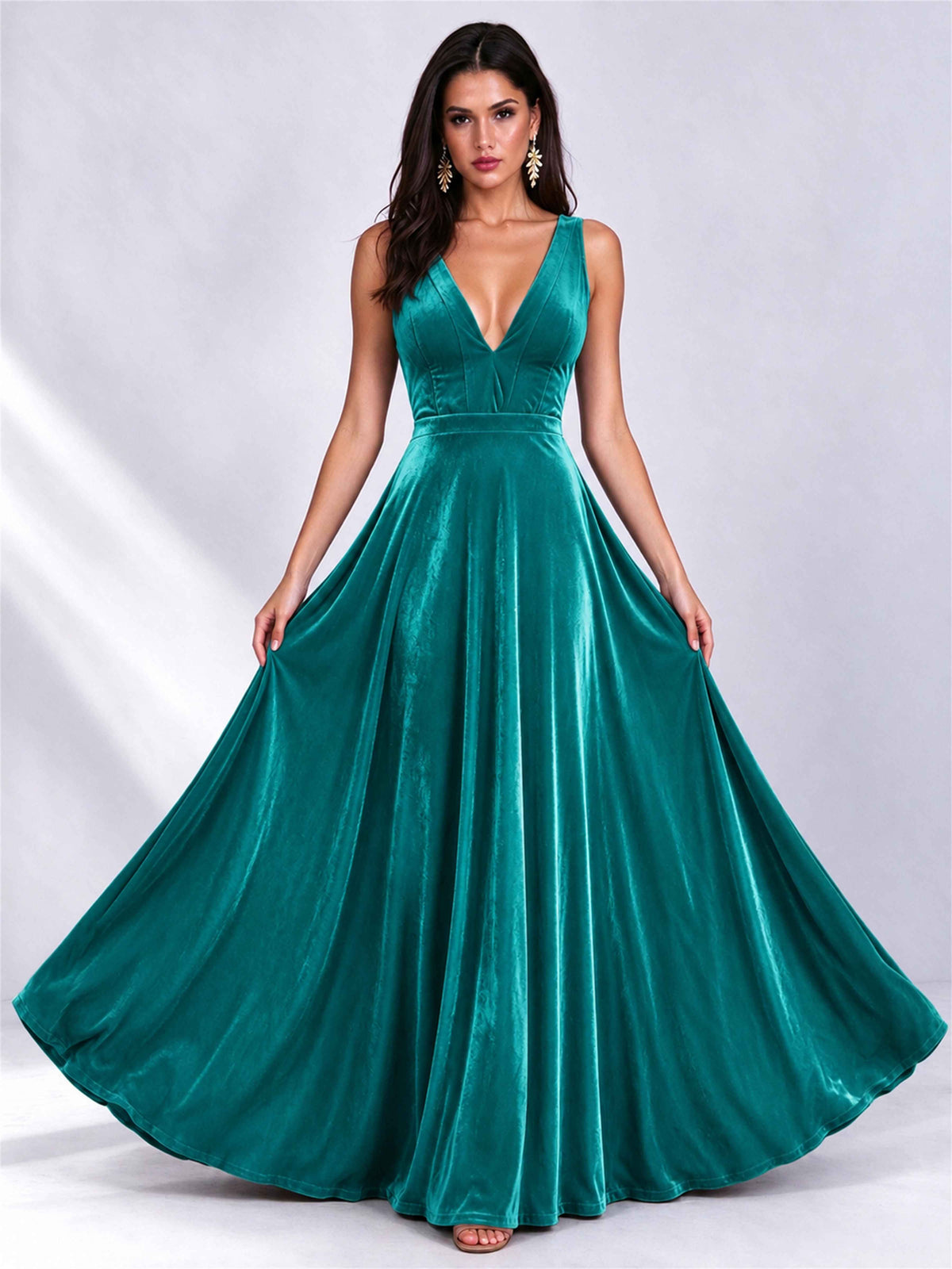 Elegant Deep V-Neck A-Line Velvet Floor-Length Wedding Guest Dress