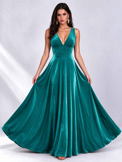Elegant Deep V-Neck A-Line Velvet Floor-Length Wedding Guest Dress