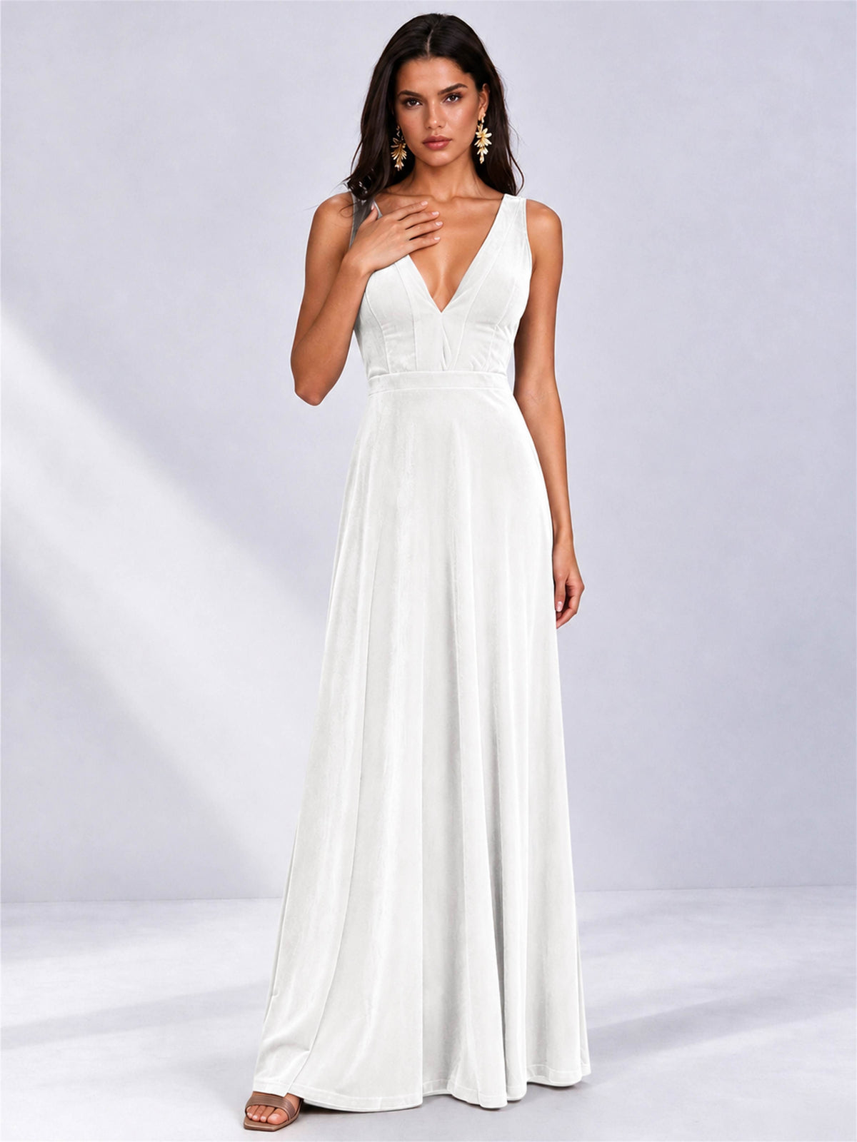 Elegant Deep V-Neck A-Line Velvet Floor-Length Wedding Guest Dress