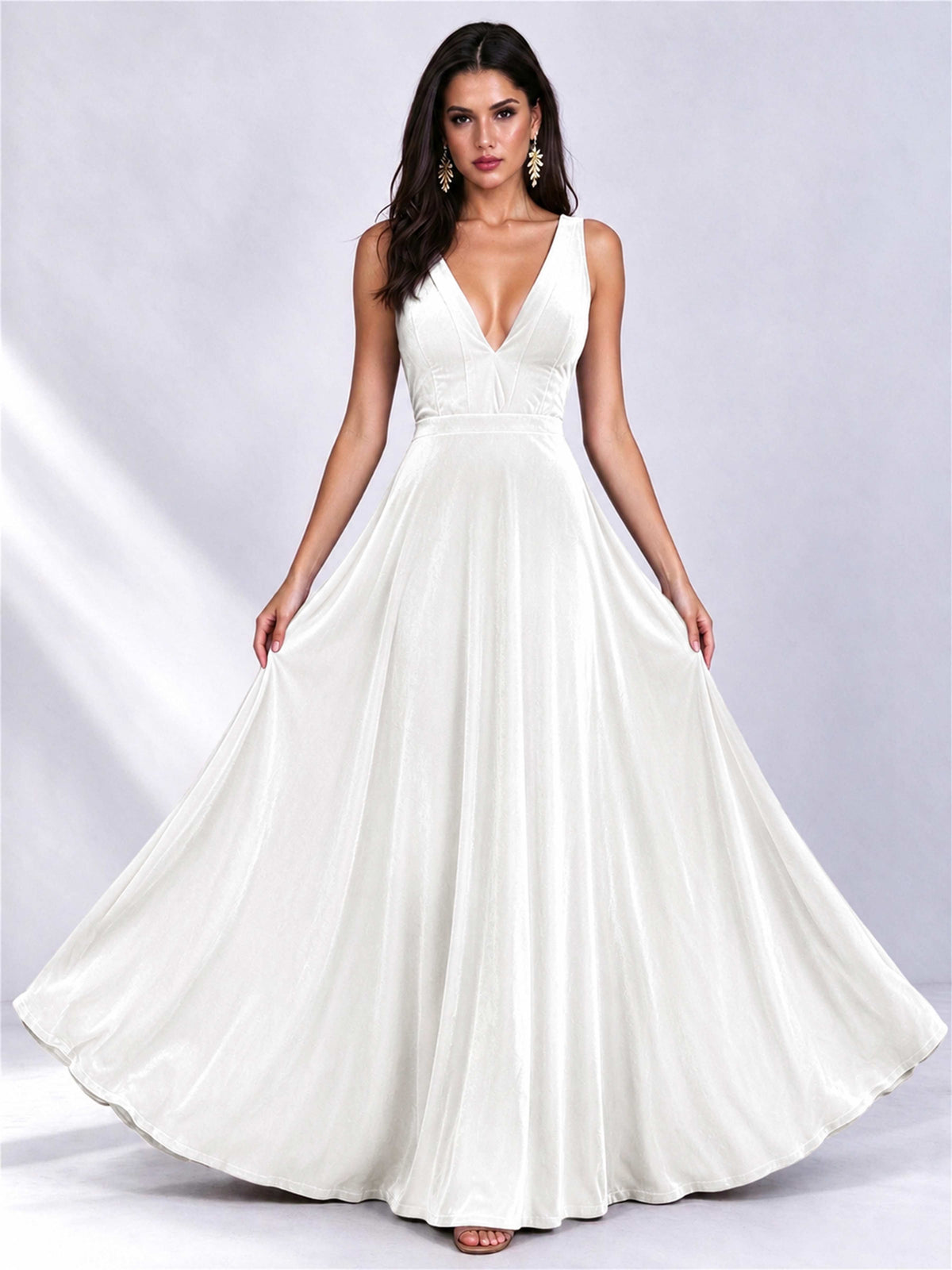 Elegant Deep V-Neck A-Line Velvet Floor-Length Wedding Guest Dress