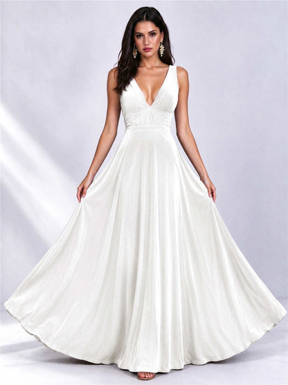 Elegant Deep V-Neck A-Line Velvet Floor-Length Wedding Guest Dress