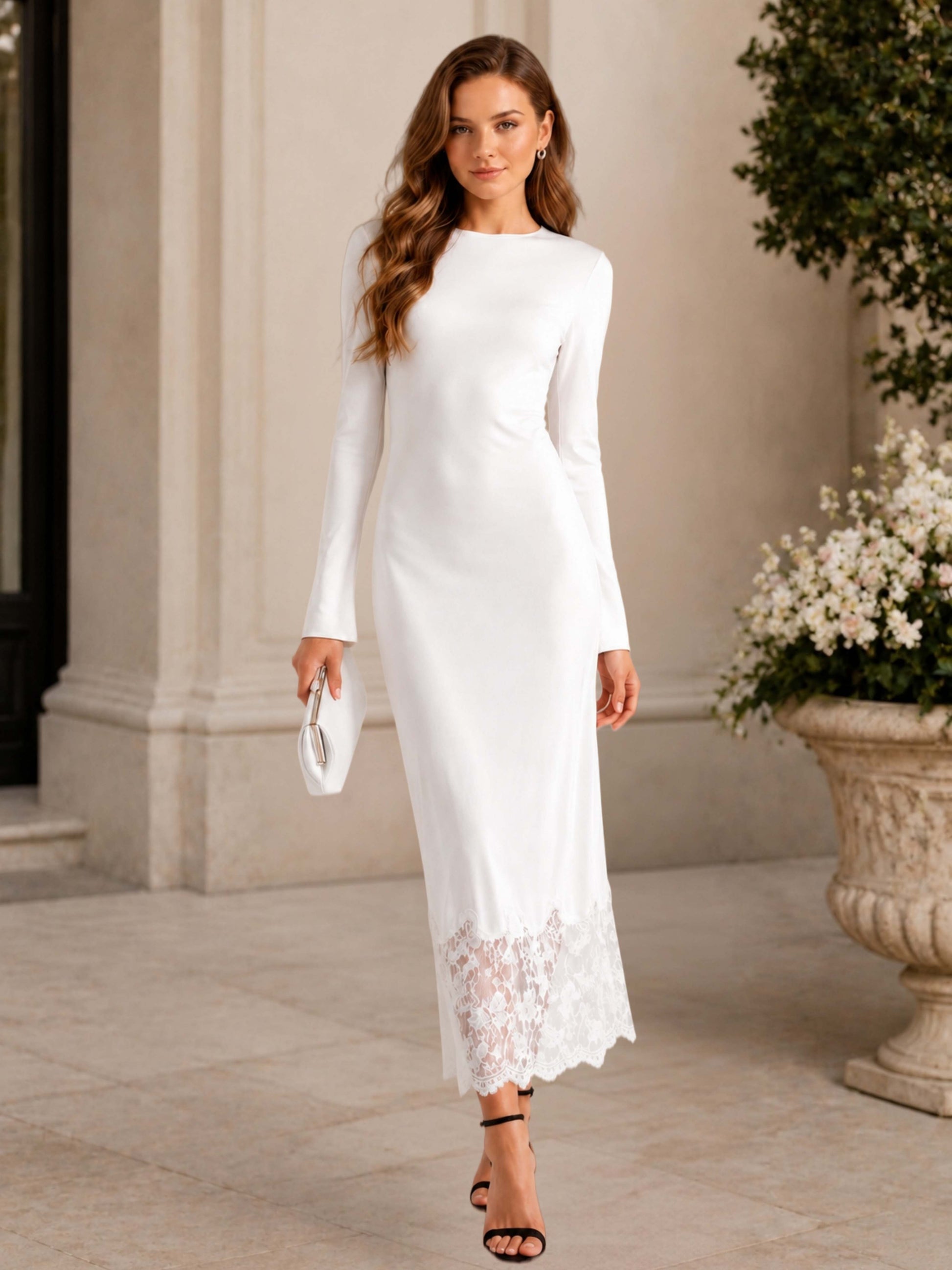 Elegant Long Sleeve High Neck Bodycon Midi Wedding Guest Dress Lace He –