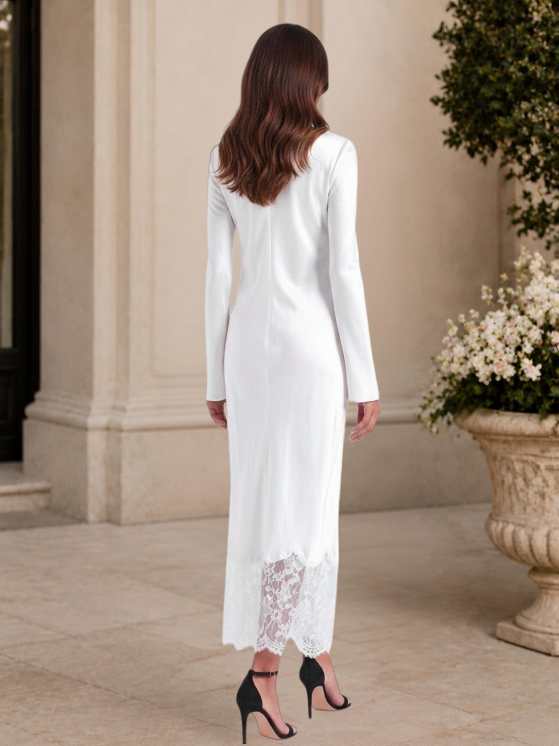 Elegant Long Sleeve High Neck Bodycon Midi Wedding Guest Dress Lace He –