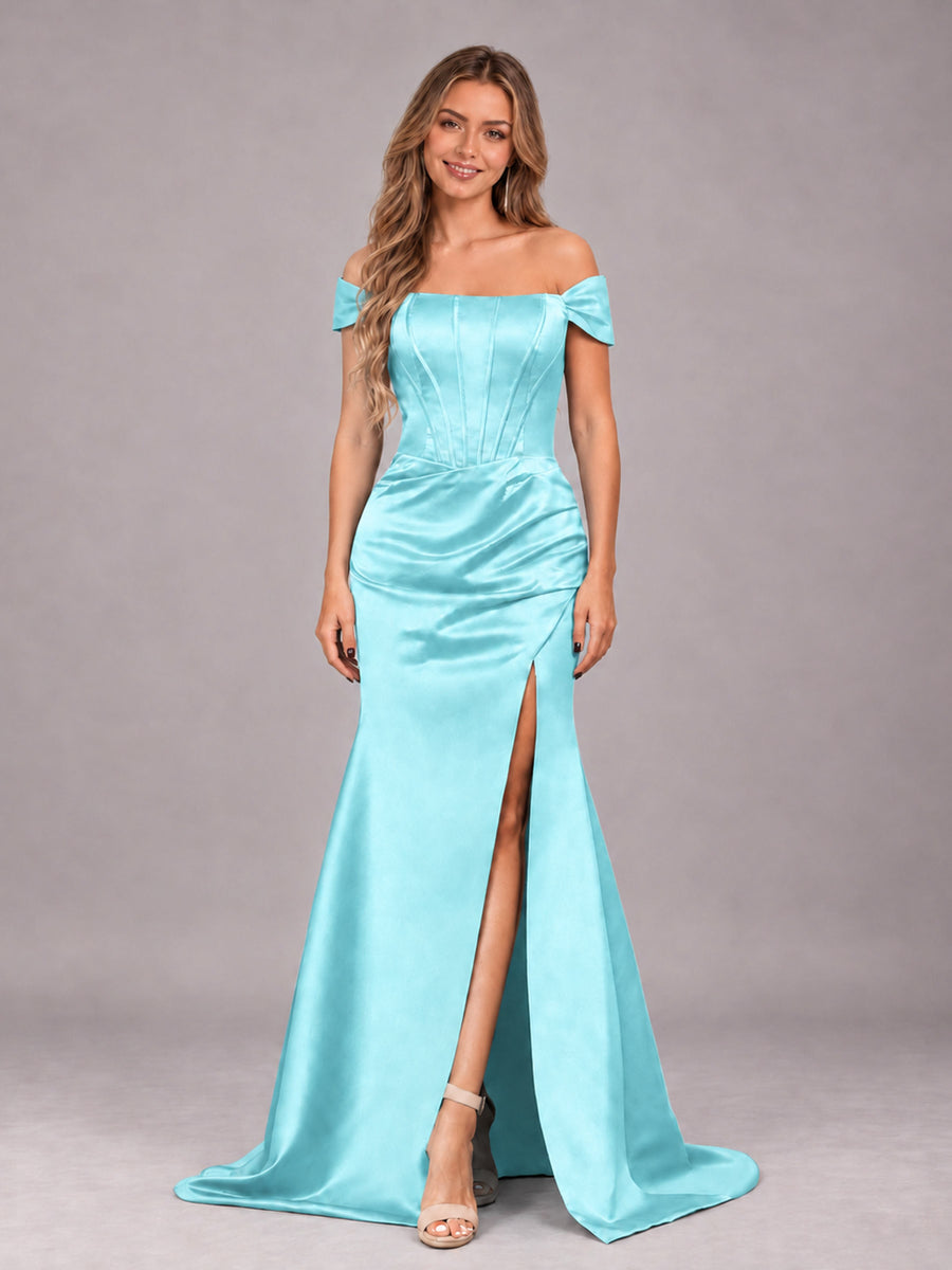 Aqua Blue Elegant Mermaid Off The Shoulder Bridesmaid Dress with Slit