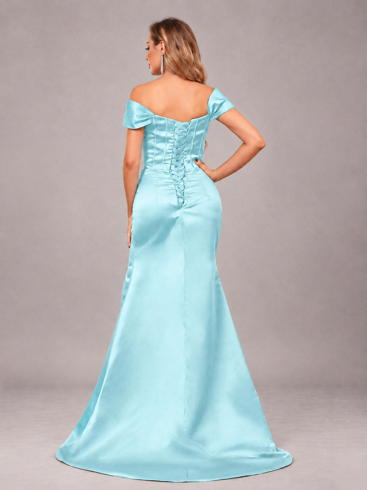 Aqua Blue Elegant Mermaid Off The Shoulder Bridesmaid Dress with Slit