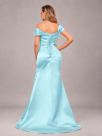 Aqua Blue Elegant Mermaid Off The Shoulder Bridesmaid Dress with Slit