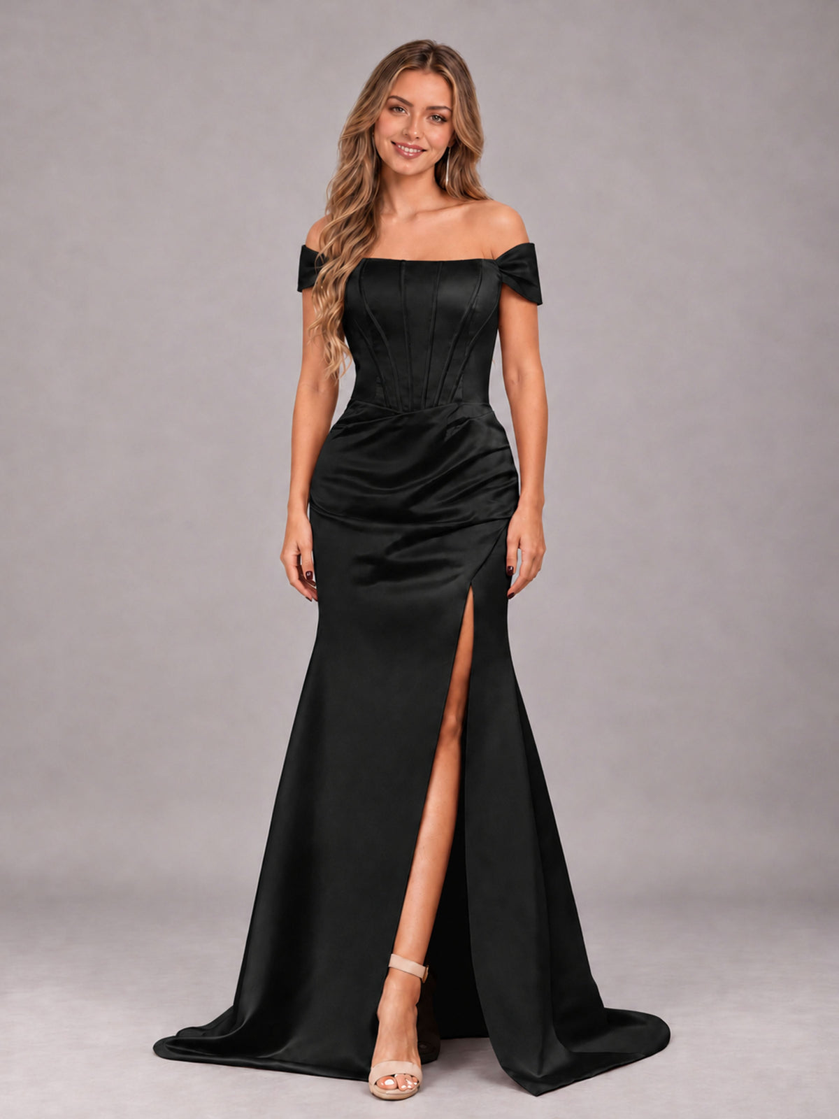 Black Elegant Mermaid Off The Shoulder Bridesmaid Dress with Slit
