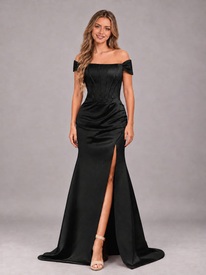 Black Elegant Mermaid Off The Shoulder Bridesmaid Dress with Slit