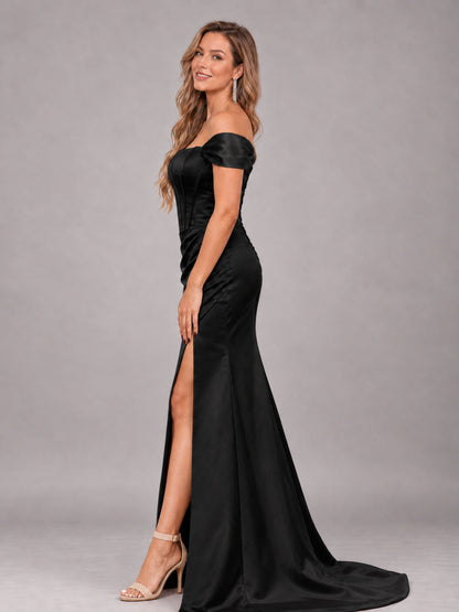 Black Elegant Mermaid Off The Shoulder Bridesmaid Dress with Slit