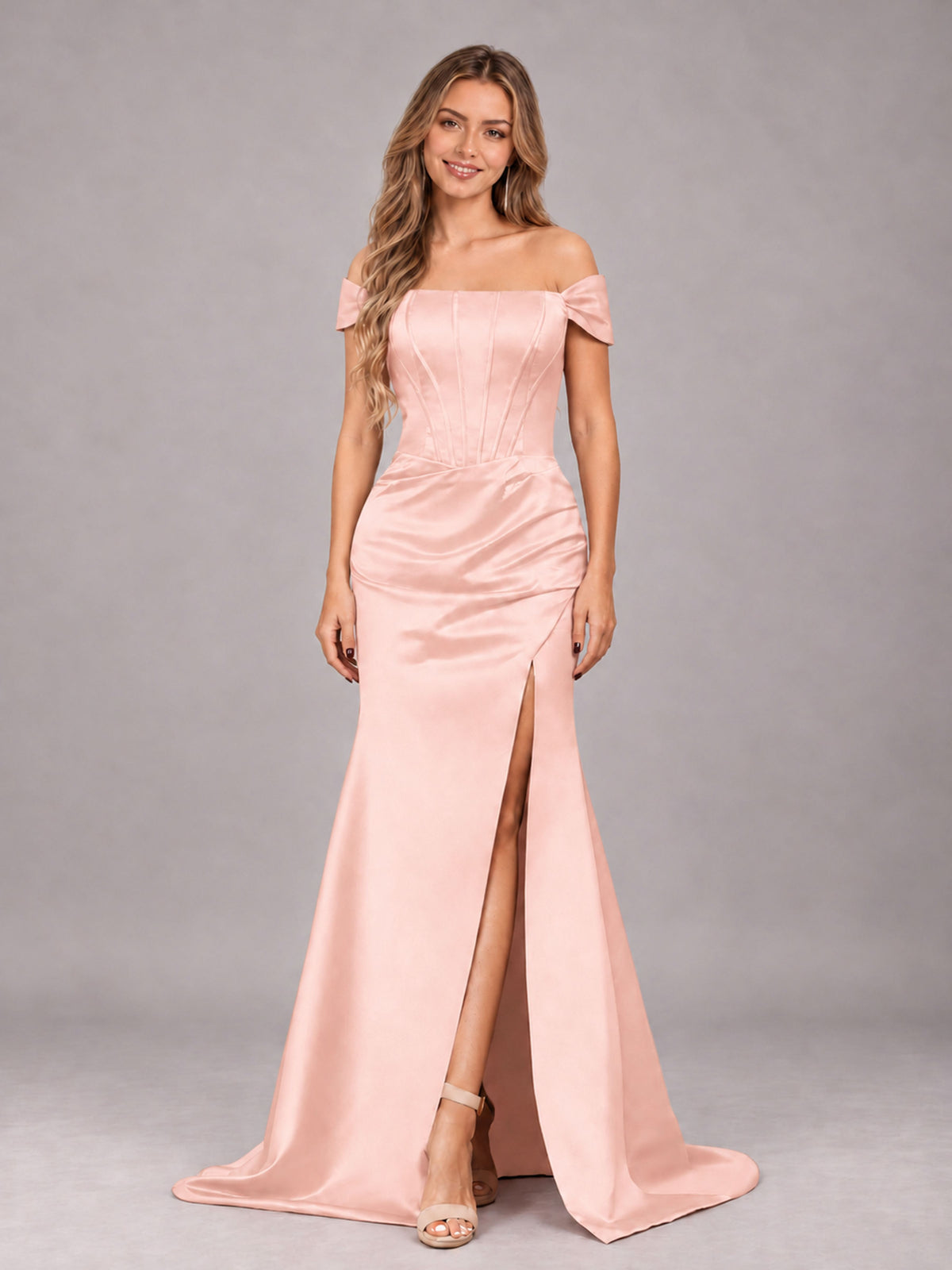 Blush Pink Elegant Mermaid Off The Shoulder Bridesmaid Dress with Slit