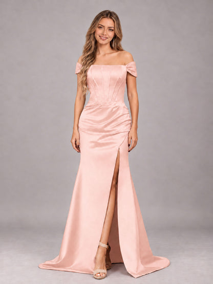 Blush Pink Elegant Mermaid Off The Shoulder Bridesmaid Dress with Slit