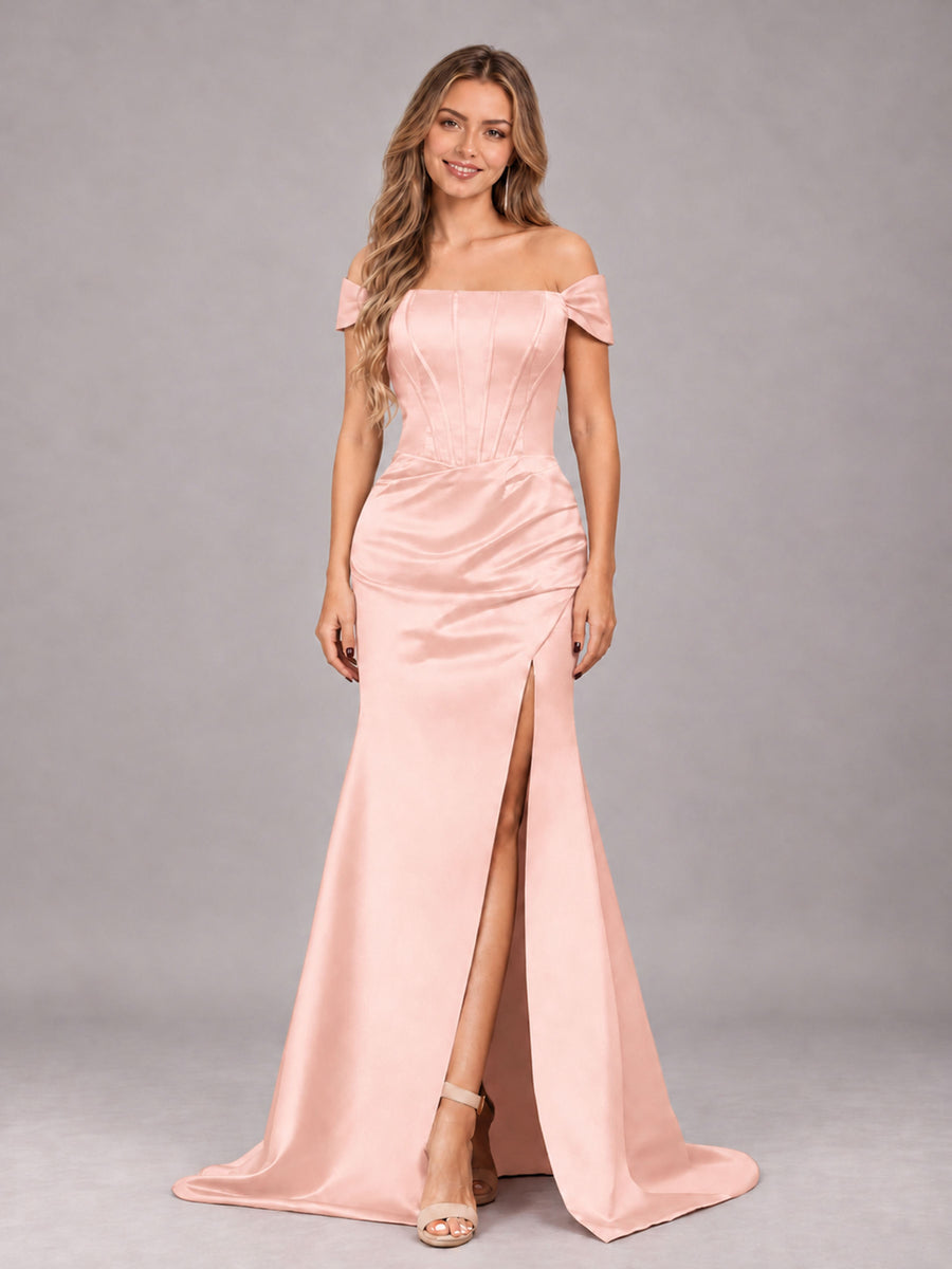 Blush Pink Elegant Mermaid Off The Shoulder Bridesmaid Dress with Slit
