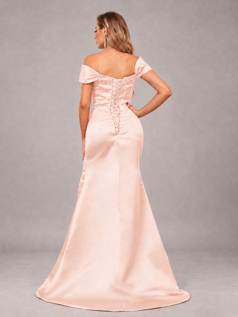 Blush Pink Elegant Mermaid Off The Shoulder Bridesmaid Dress with Slit