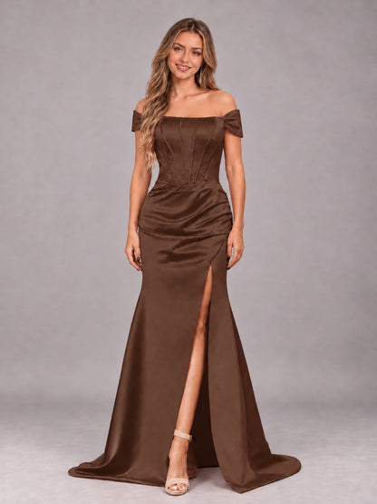 Brown Elegant Mermaid Off The Shoulder Bridesmaid Dress with Slit