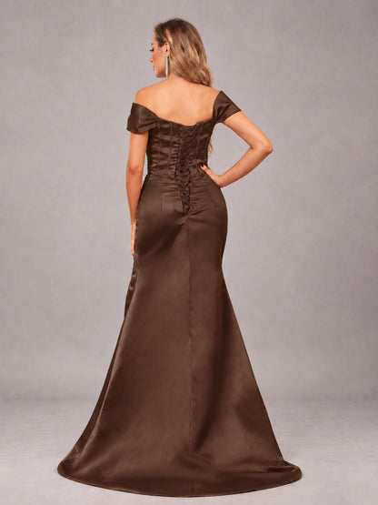 Brown Elegant Mermaid Off The Shoulder Bridesmaid Dress with Slit