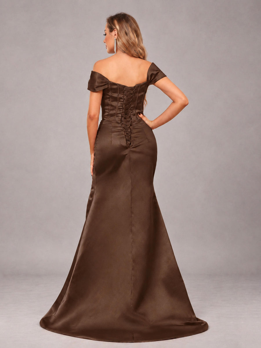 Brown Elegant Mermaid Off The Shoulder Bridesmaid Dress with Slit