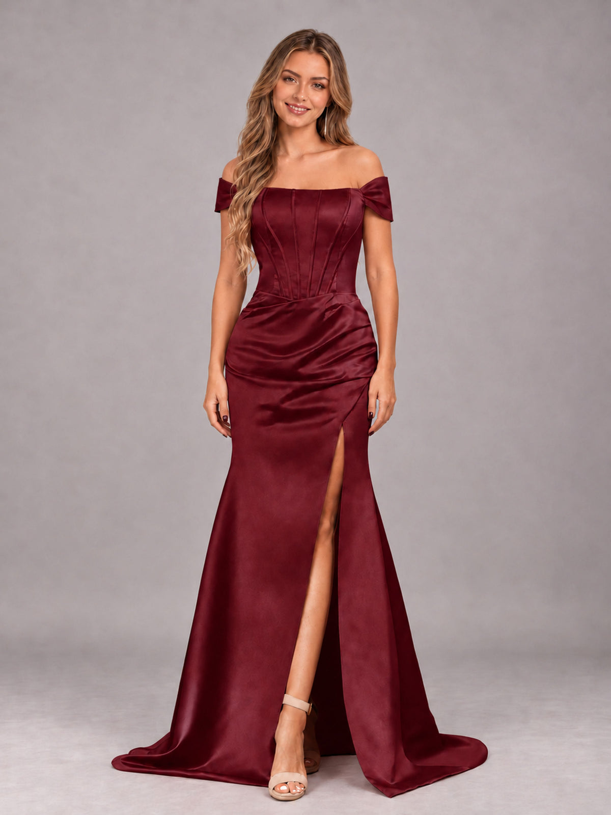 Burgundy Elegant Mermaid Off The Shoulder Bridesmaid Dress with Slit