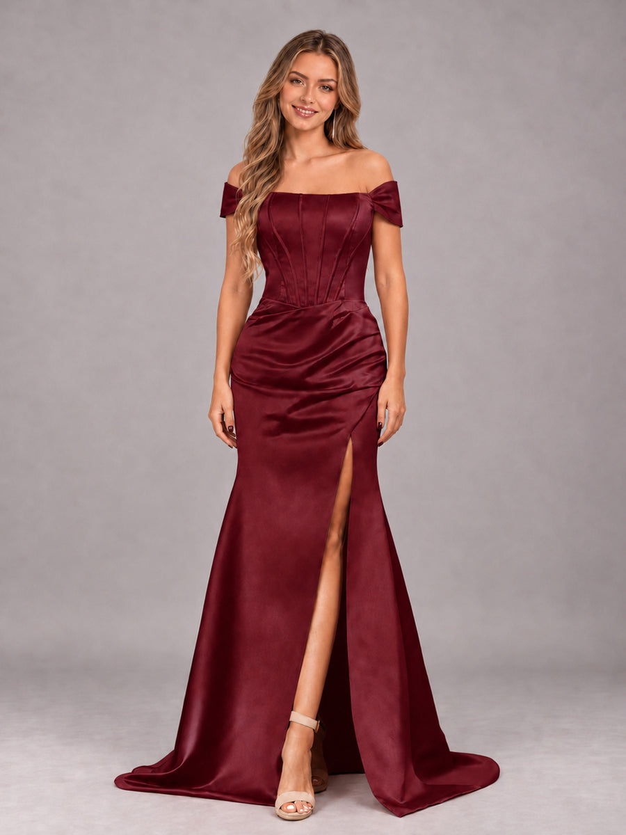 Burgundy Elegant Mermaid Off The Shoulder Bridesmaid Dress with Slit