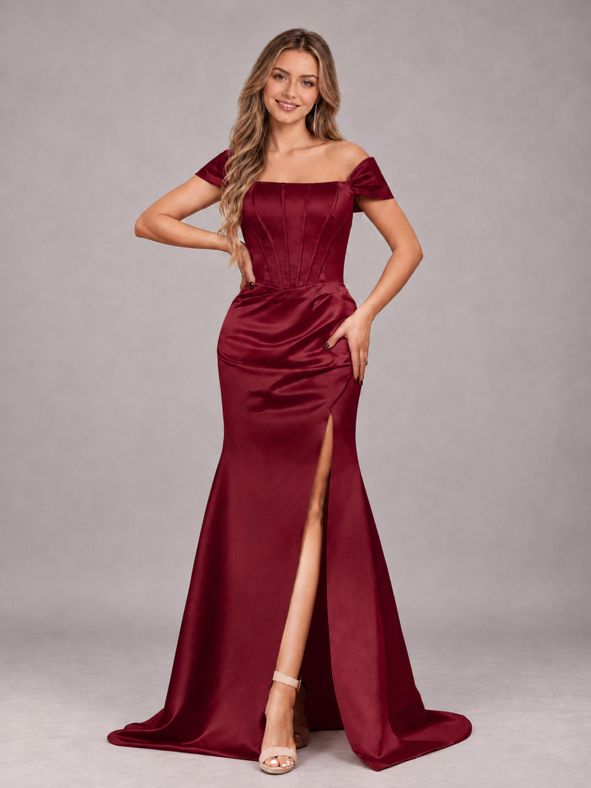 Burgundy Elegant Mermaid Off The Shoulder Bridesmaid Dress with Slit
