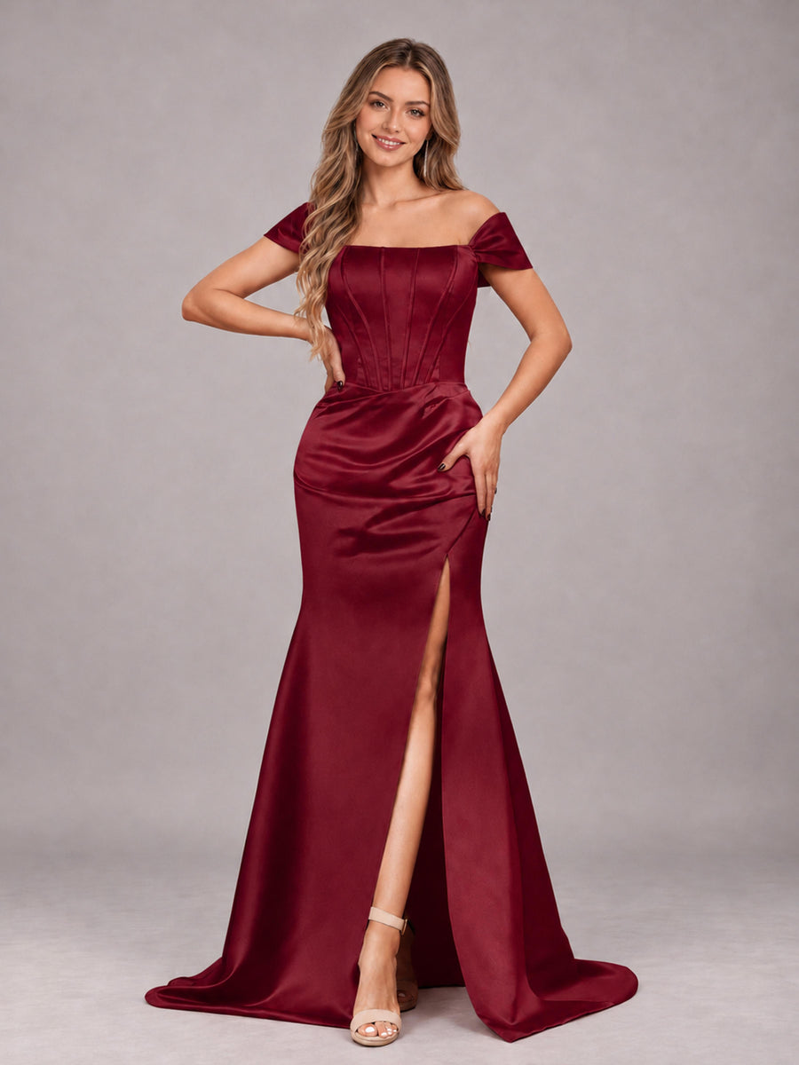 Burgundy Elegant Mermaid Off The Shoulder Bridesmaid Dress with Slit