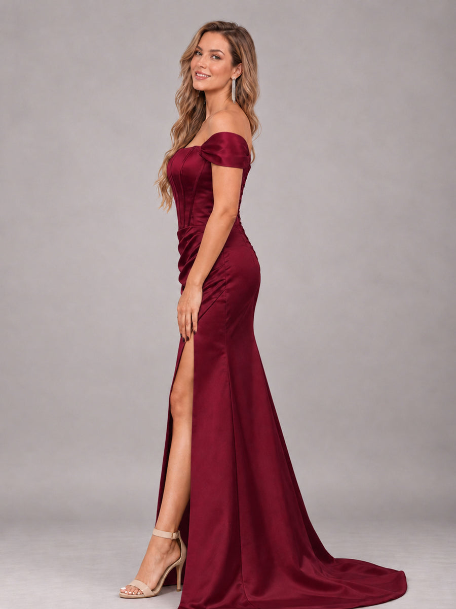 Burgundy Elegant Mermaid Off The Shoulder Bridesmaid Dress with Slit
