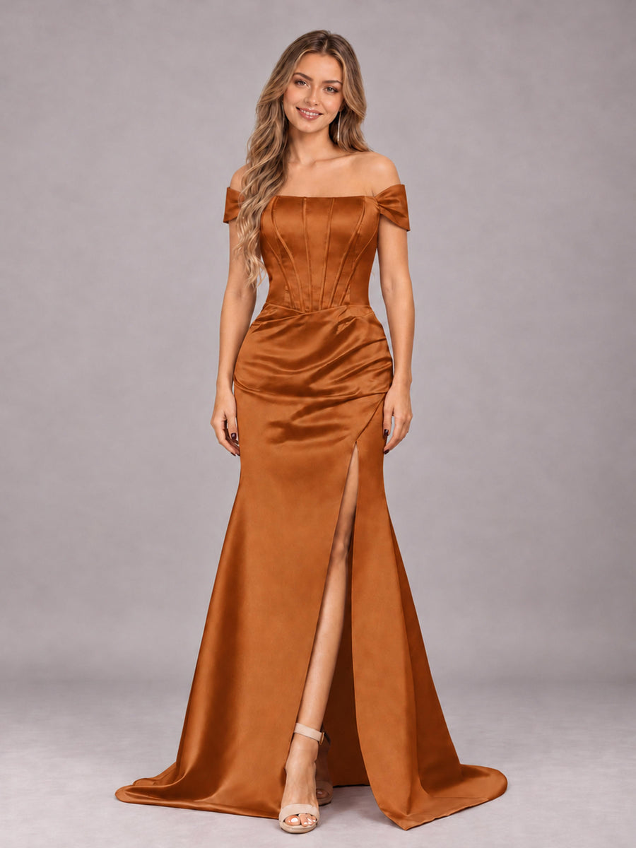 Burnt Orange Elegant Mermaid Off The Shoulder Bridesmaid Dress with Slit
